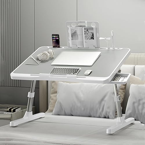 Escritorio para computadora portátil para cama, mesa de cama ajustable con puerto de carga USB, mesa plegable para laptop con cajón de