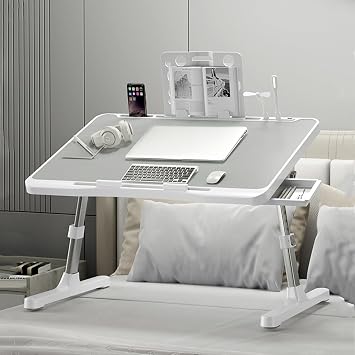 Laptop Desk for Bed, Adjustable Bed Table with USB Charging Port, Foldable Laptop Table with Storage Drawer, Portable Laptop, Bed Desk Tray for Eating, Working, Reading