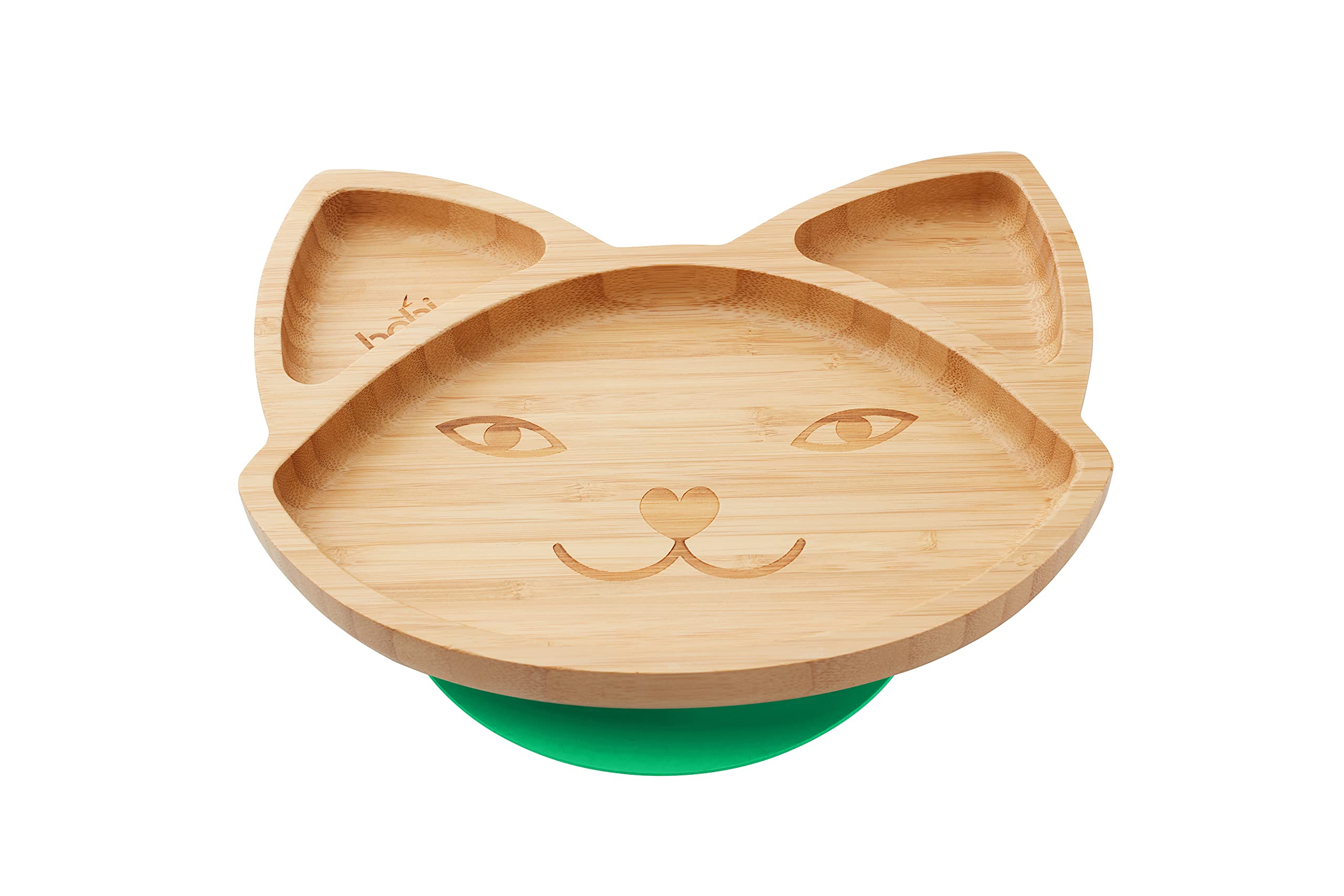 BABIBaby Toddler Cat Plate, Natural Bamboo, with Stay Put Silicone Suction Ring (GREEN)