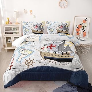 Suncloris Blue Ocean Nautical Comforter Set for Kids Teens, Twin Size Vintage Pirate Sailing Ship Bedding Comforter with 2 Ancient Sailboat Anchor Pattern Pillowcases - 68