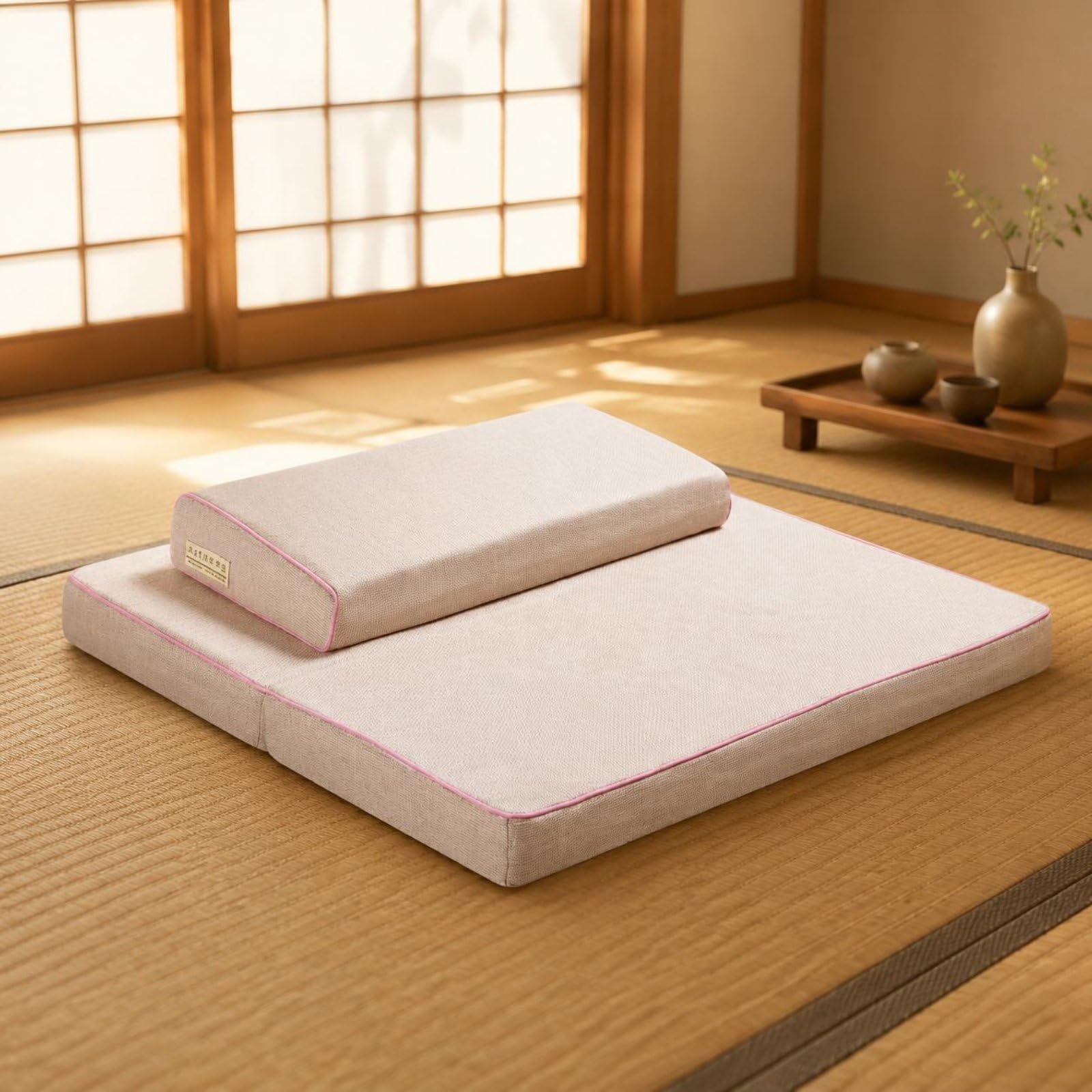 predolo Cuscino Meditazione con Tappeto Tessuto Set da Meditazione Cuscino da Rotondo Tappetino Portatile, Beige Con Ricamo, 60×60cm Cuscino Superiore+Inferiore+Borsa