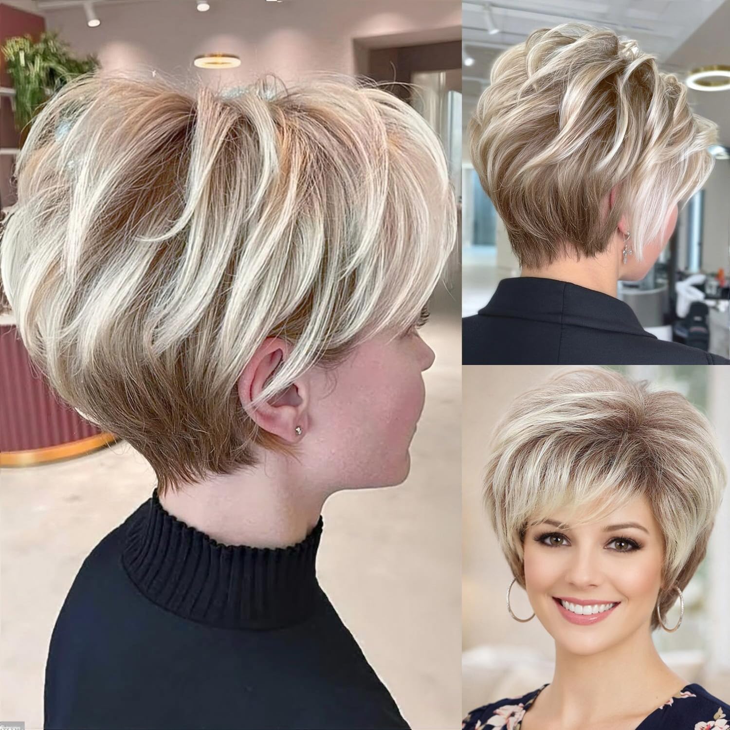 Short Blonde Pixie Cut Wig for White Women, Layered Ombre Blonde Synthetic Wig with Bangs, Natural Looking Short Hair Wig for Older Women, Lightweight Hair Replacement for Thinning Hair