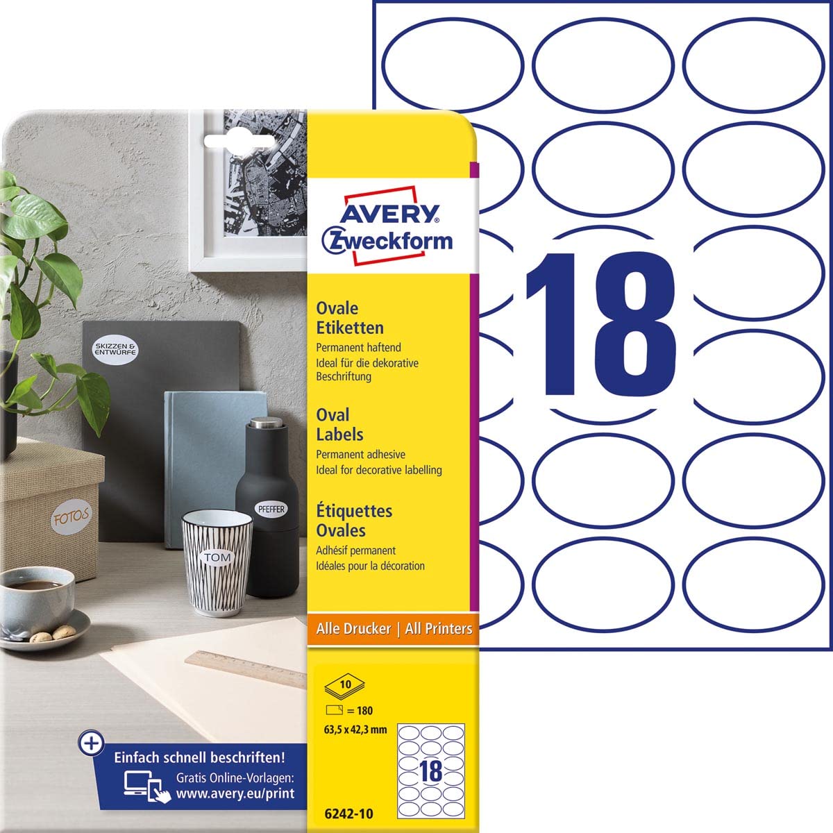 AVERY Zweckform 6242-10 Oval Labels (180 Self-adhesive
