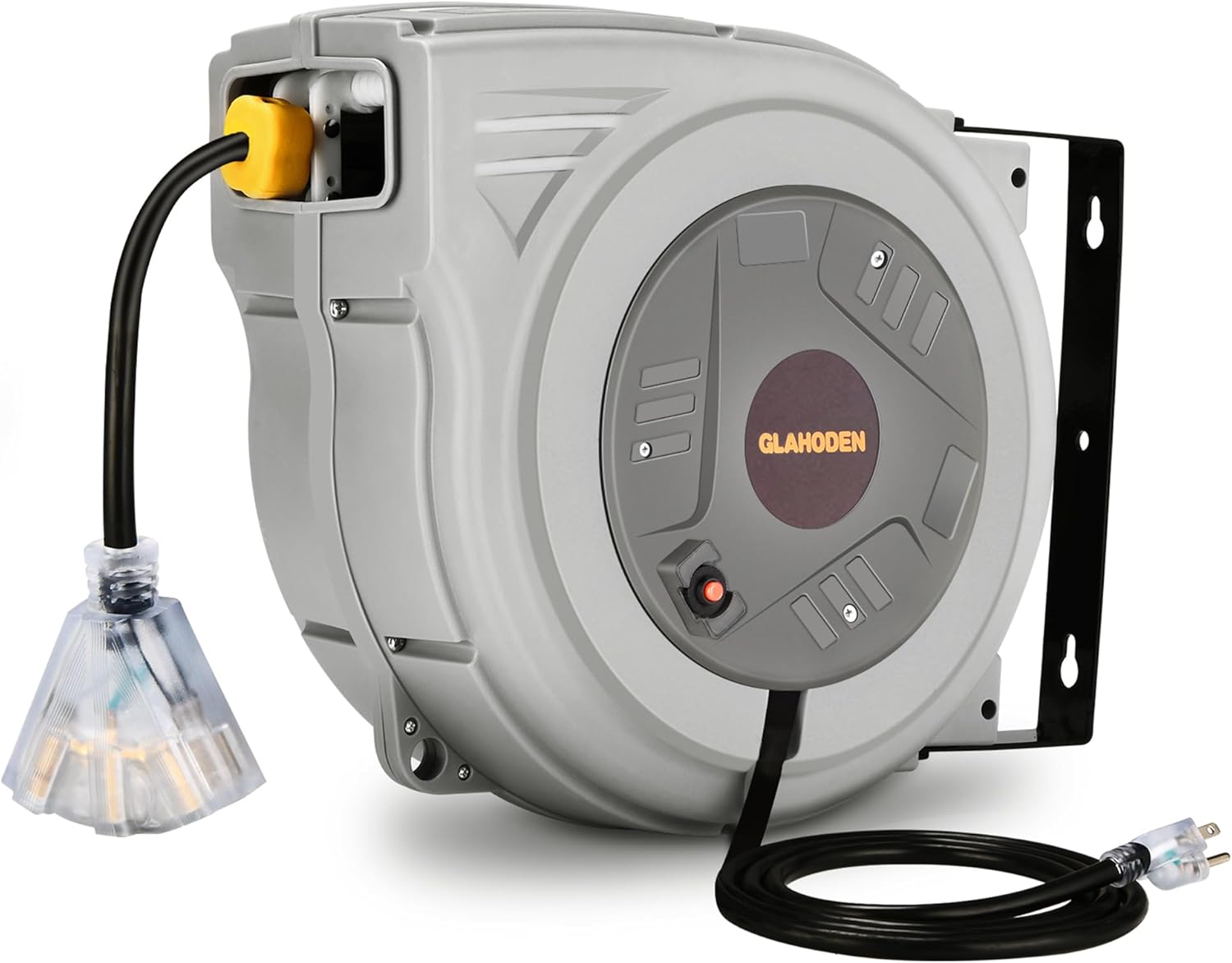 GLAHODEN 65+6.5FT Retractable Extension Cord Reel, 12AWG/3C Power Cord Reel with Triple Tap Outlet, 180° Swivel and 15 Amp Circuit Breaker for Workshop, Garage 12AWG/3C 65FT