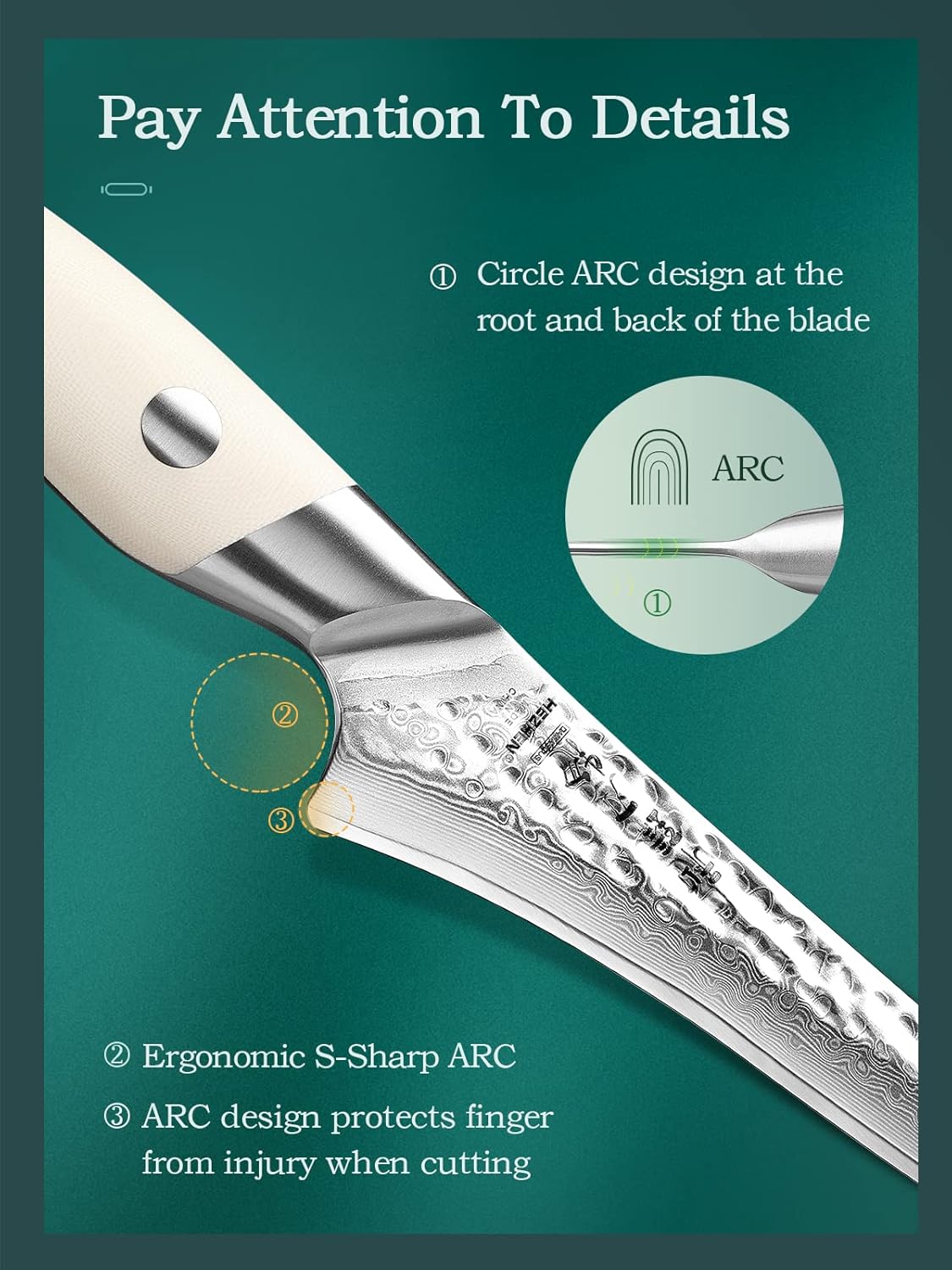 HEZHEN 6” Damascus Steel Boning Knife, Filleting Knife For Poultry and Fish, High Carbon Steel Flexible Blade Kitchen Knives, Ivory White G10 Handle