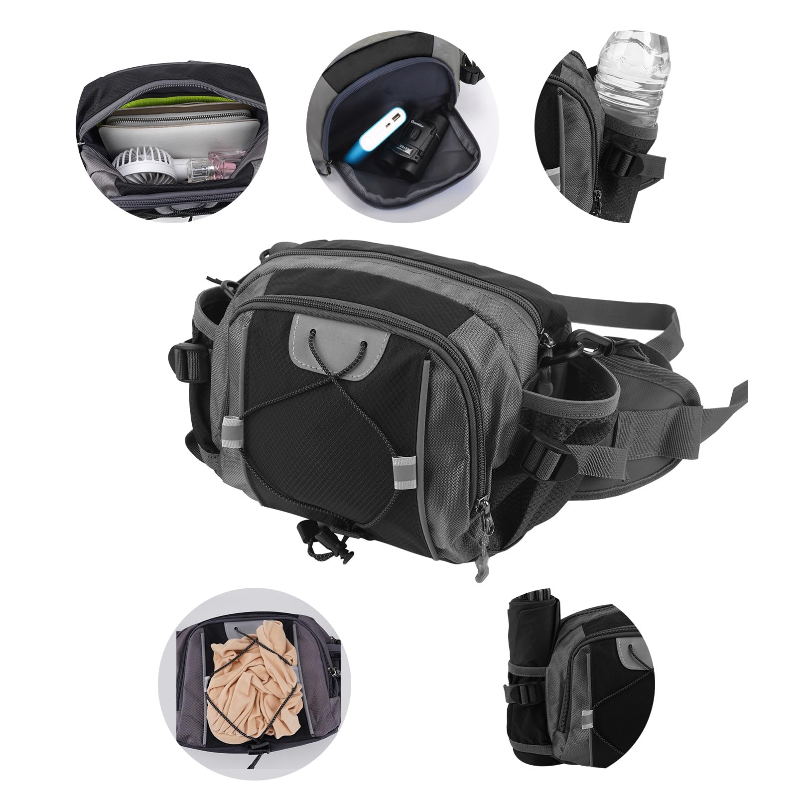 Sac banane avec porte-bouteille d'eau, grand sac banane pour homme et femme avec bandoulière réglable, sac de ceinture imperméable pour promenade, randonnée, course à pied (noir), noir
