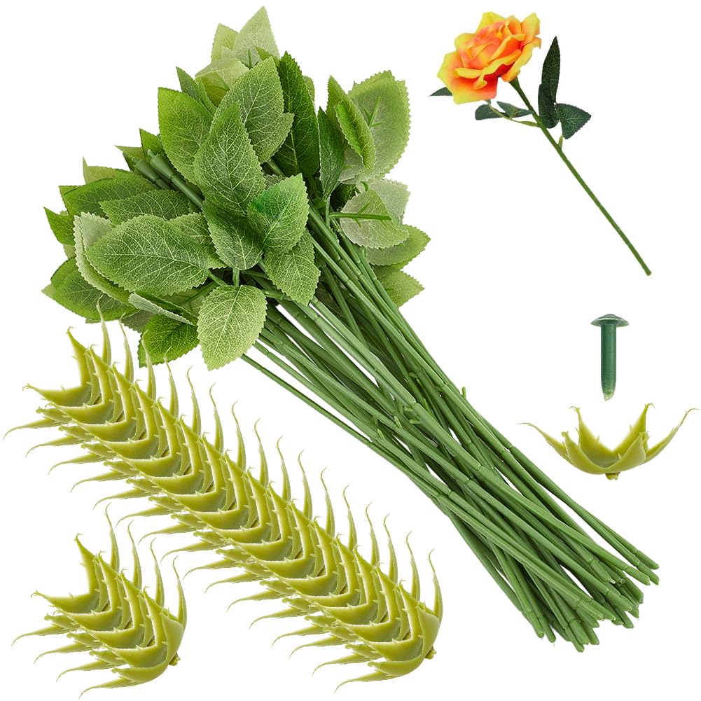 Tige de fil floral GORGECRAFT avec feuilles et calices pour bouquet de roses DIY x30