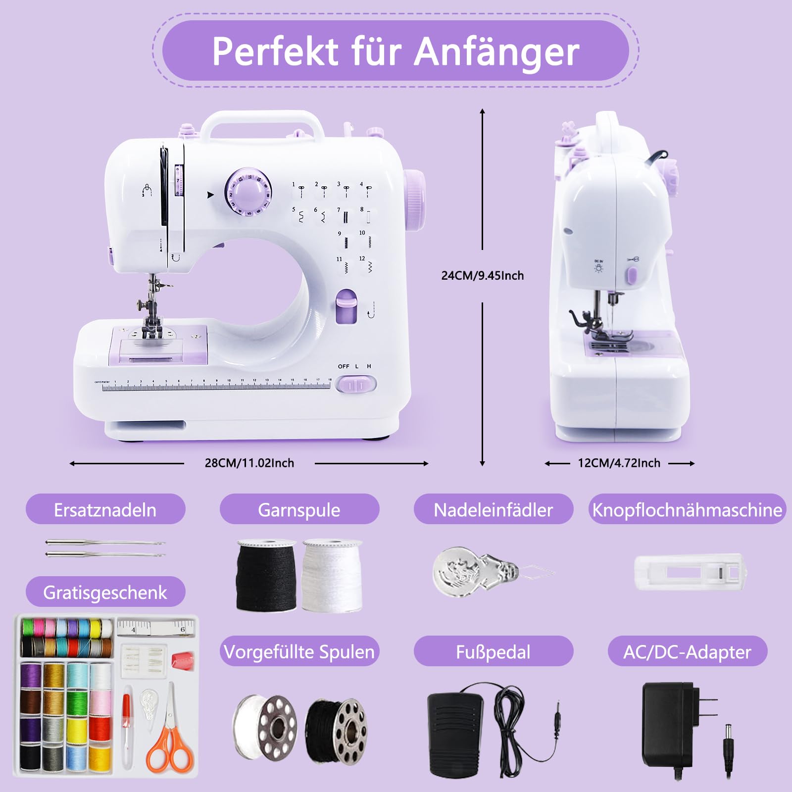 Nähmaschine für Anfänger, 12 Stichprogrammen Kleine Nähmaschine Kinder mit LED-Licht, Handnähmaschine Mini Sewing Machine, Tragbare Elektrische Nähmaschinen mit Fußpedal & Nähset