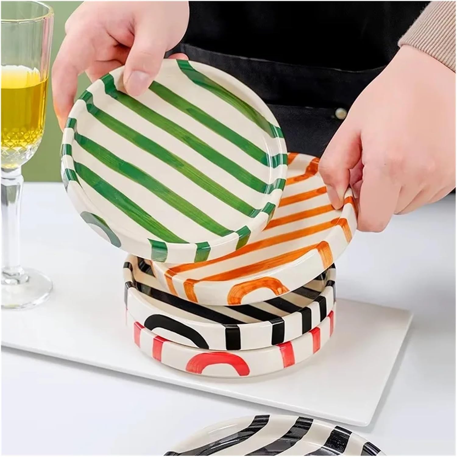 Colorful Ceramic 6inch Striped Plates – Handcrafted Dinnerware For Kitchen, Home Decor, Dessert, Salad, Party Use(Orange)