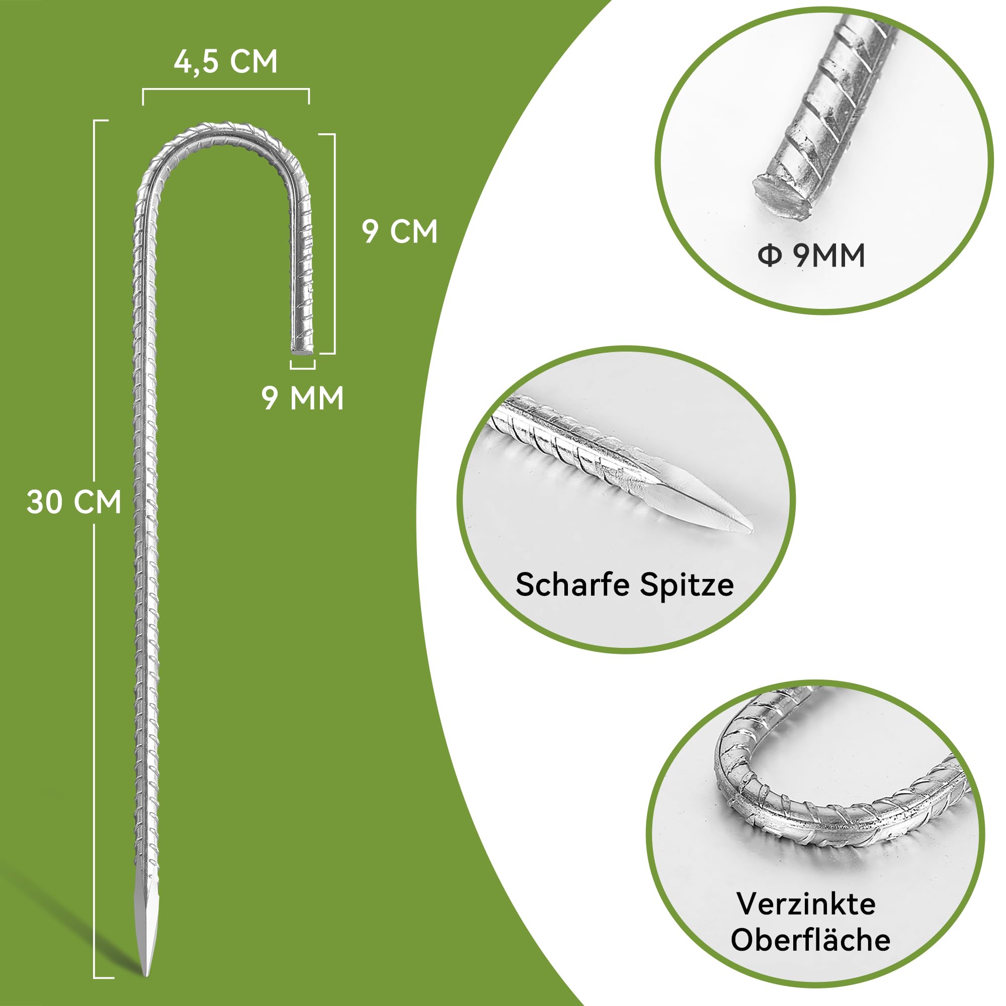20 Stück 30cm Schwere Trampolin-Zeltanker-Bodennägel - Verzinkter Stahl Rostfrei J-Haken-Rebar-Pfähle passend für Trampoline, Camping, Gartenschuppen, Schaukeln mit Meißelspitzenende