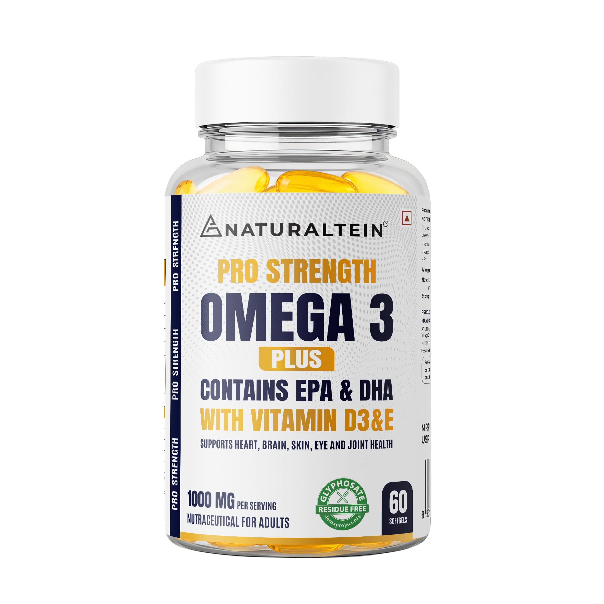 NATURALTEIN Pro Strength Omega 3 Plus Fish Oil 1000mg with EPA 180mg & DHA 120mg | Enriched with Vitamin D3 & Vitamin E | Supports Heart, Brain, Skin, Eye & Joint Health | Heavy Metal Tested | 60 Softgels