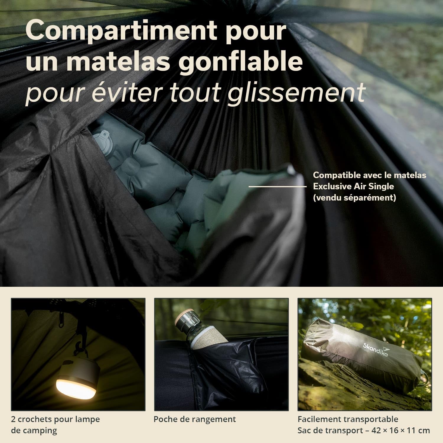 Skandika Tente hamac Rian | Hamac Outdoor avec moustiquaire, Max 200 kg, ultraléger, Nylon, Tente 1 Personne, Respirant, kit de Suspension pour Arbre | Hamac de Voyage randonnée, Trekking, Camping