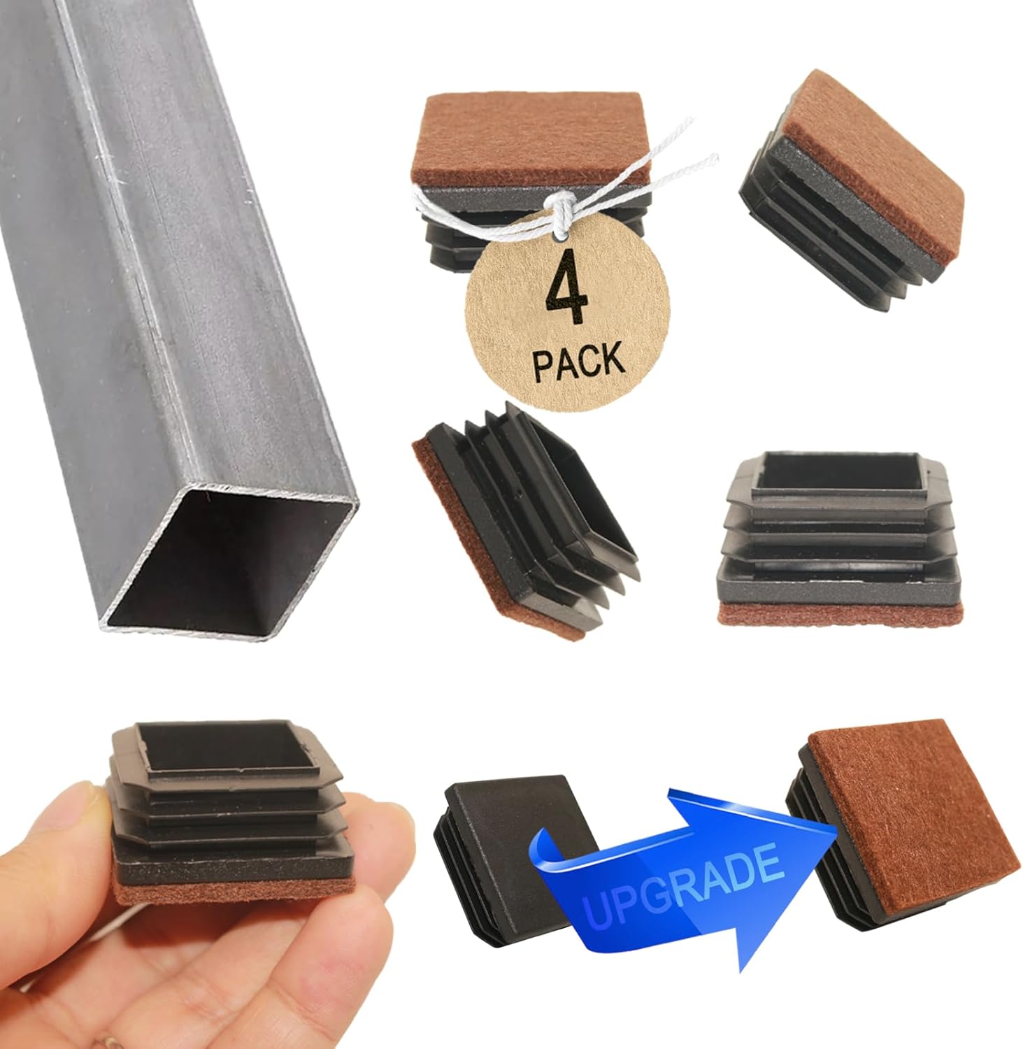 2” (50.48 mm) Square Plastic Hole Plugs with Felt Pad, End Caps for Metal Tubing, Inserts, Hardware Plugs, Furniture Feet Protectors Slide Smoothly Glide No Scratches No Noise Protect Hardwood Floors