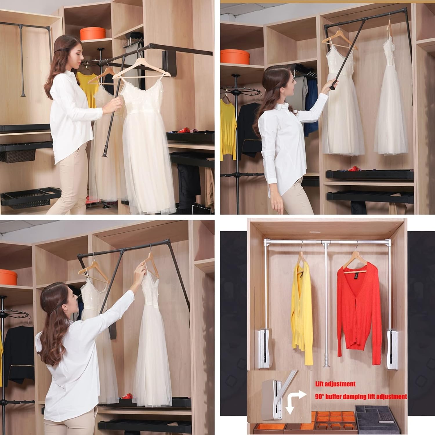 Adjustable Pull Down Closet Rod Rail - Hydraulic Lift Clothes Organizer, Wall-Mounted Wardrobe System, Industrial Style, 45x60 cm (17.7x23.6 in) - Maximize Space & Storage