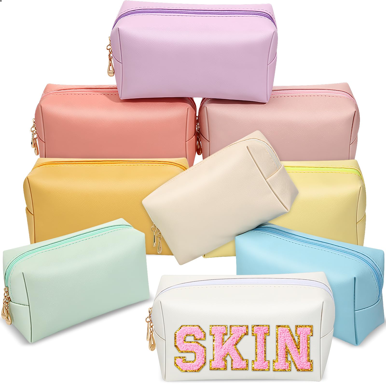 Sanwuta9 Pcs Preppy Makeup Bag PU Leather Cosmetic Bag Makeup Pouch Plain Cosmetic Pouch Waterproof Toiletry Bags for Traveling Preppy Pencil Case Travel Purse Cosmetic Organizer (Macaron Colors)