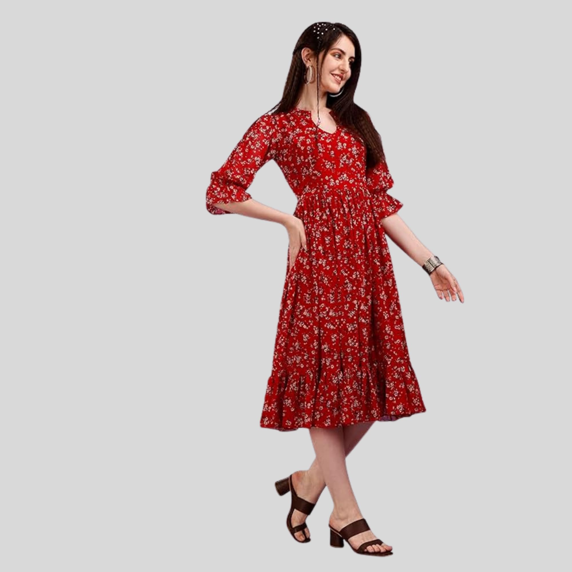 Fashion2wear Vestido midi casual con cuello redondo y estampado de flores georgette para niña