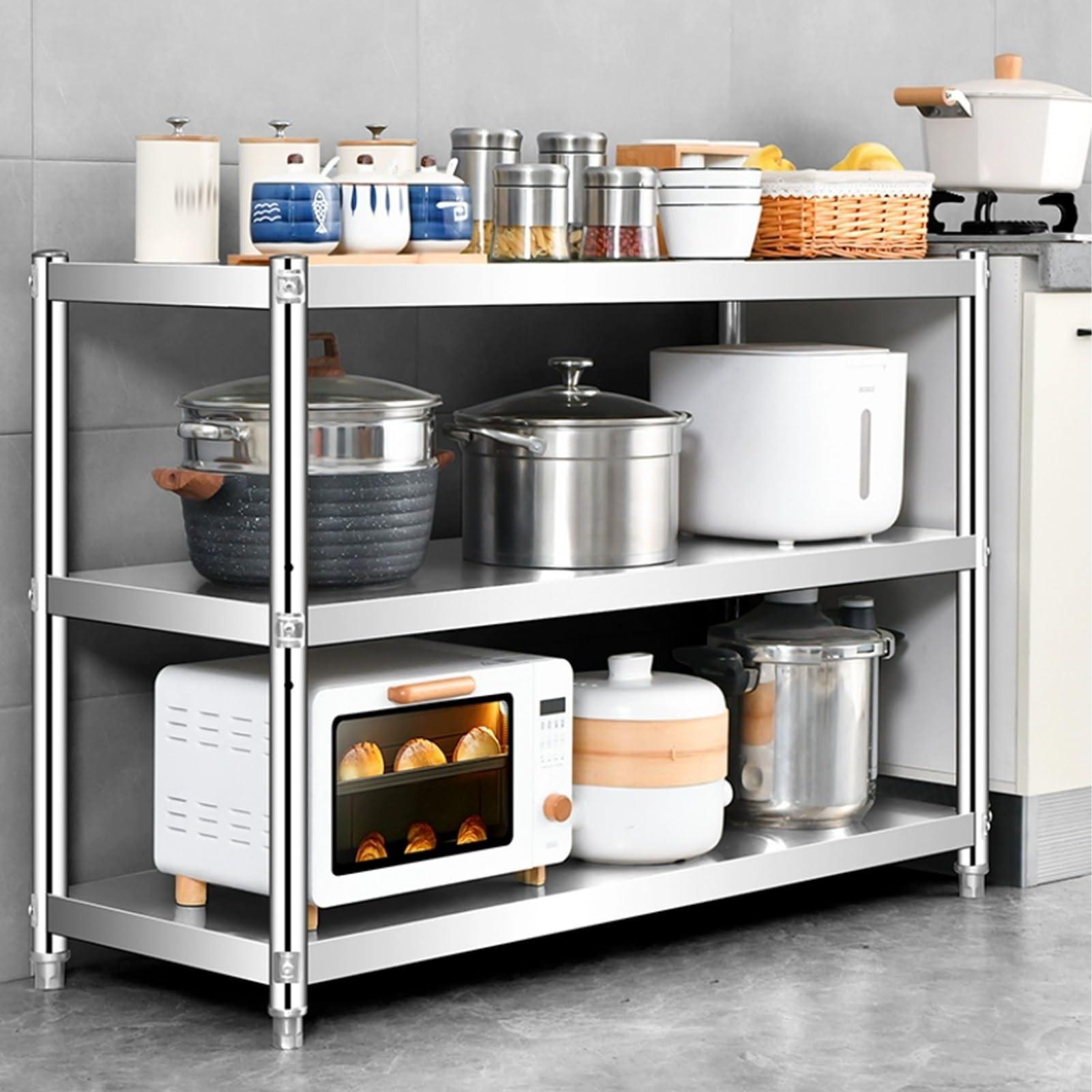 3-poziomowy regał kuchenny ze stali nierdzewnej, wytrzymały metalowy stojak do przechowywania, komercyjny stół gastronomiczny, organizer kuchenny (120 x 40 x 80 cm)