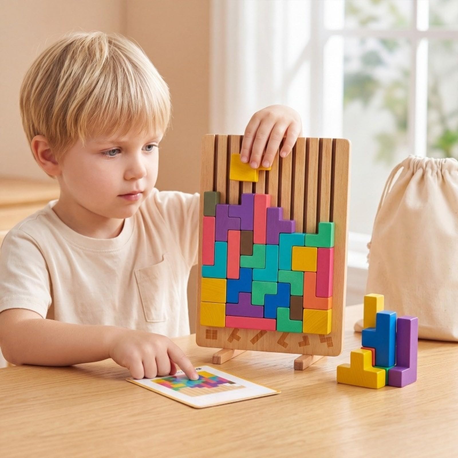 Bloque de rompecabezas de madera para niños – Juego educativo de formas geométricas (Edades 3+) – Estimula la creatividad & Razonamiento lógico para niños