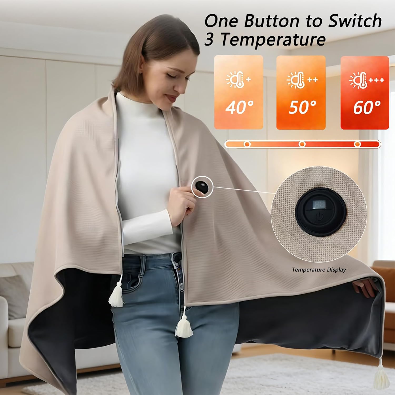 USB Portable Heated Blanket Shawl, Battery Operated Heated Shawl Cordless with 3 Fast Heating Levels, Suitable for Outdoor Camping, Home, Warming Shawl Wraps for Women (Battery not Included) - Image 3