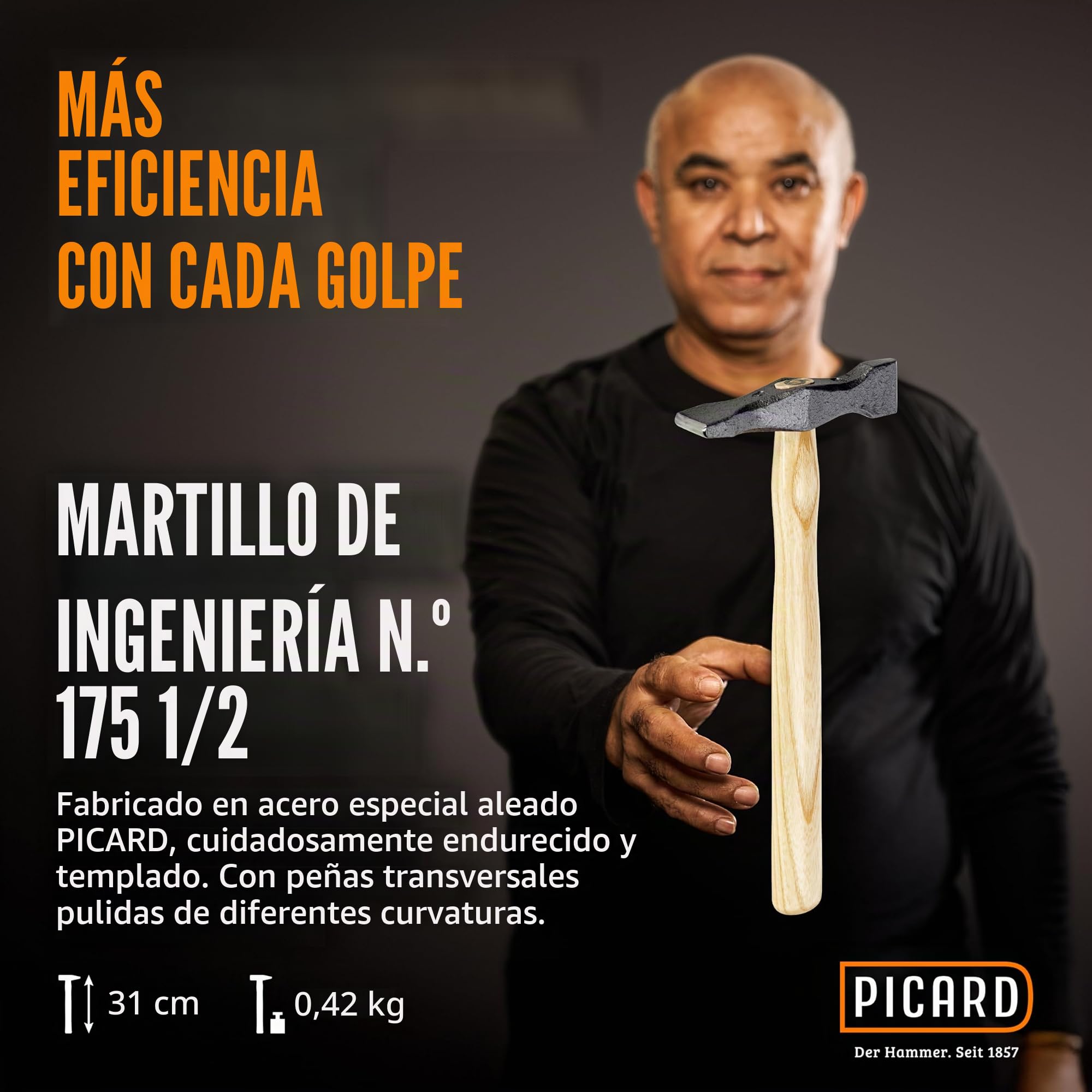 PICARD Martillo de peña cruzada Nº 175 1/2 ES, 375 gr. Martillo profesional 250g con mango de fresno | Herramienta para techadores y caldereros | Acero especial PICARD