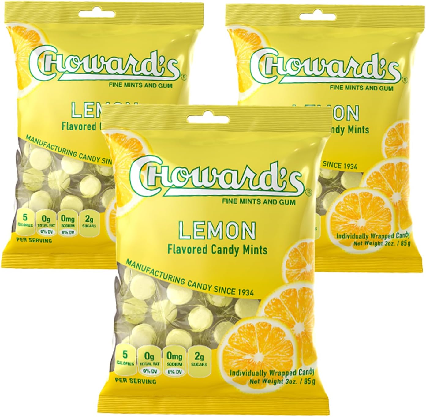 Choward's 3oz Lemon Candy Bags 3 Pack | 49 Pieces Individually Wrapped Candy Mints | Nostalgic Lemon Candy Bags | Perfect for Snacks in Lunchboxes, Pockets, Goodie Bags, and Birthday Parties