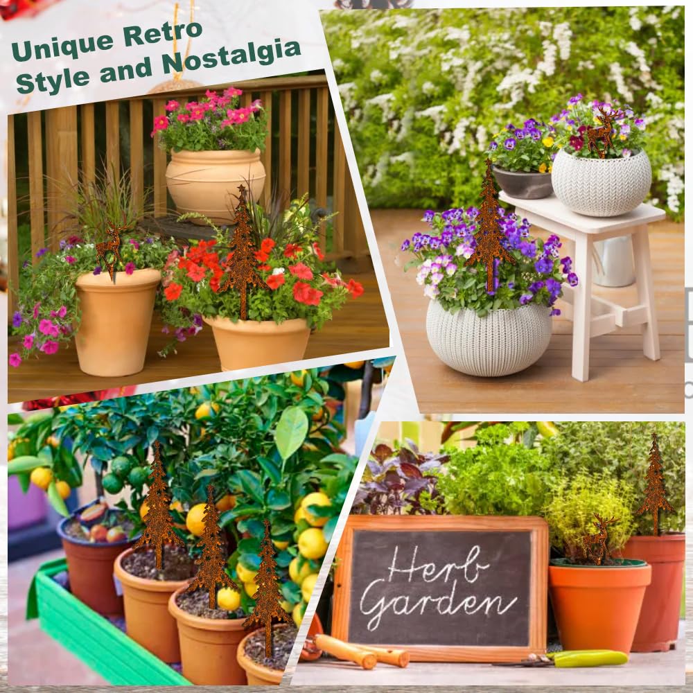 Lot De 5 Décors De Noël En Fer Rouillé Pour Jardin - Élan, Sapin Et Étoile - Décoration Extérieure Vintage Résistante Aux Intempéries - 5