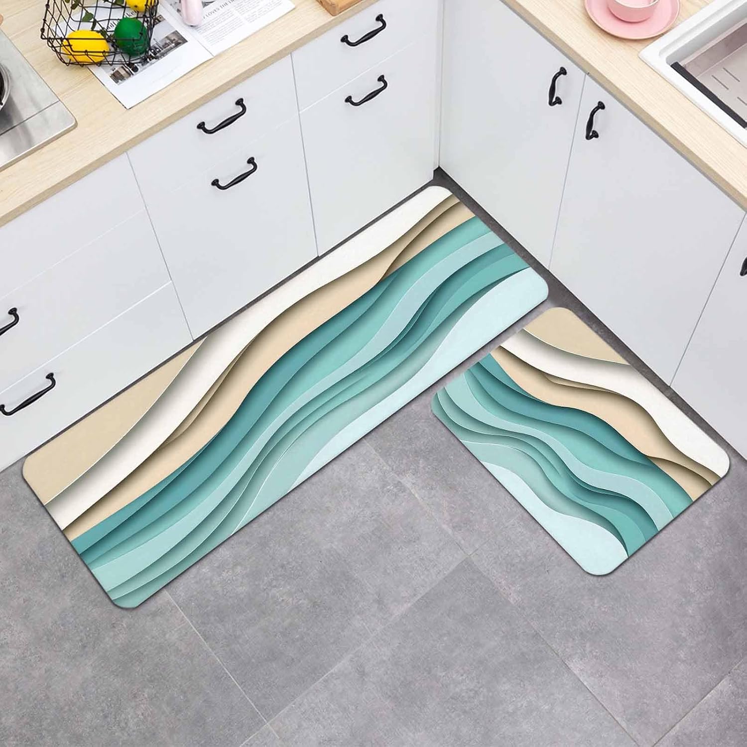 Prime Leader Turquoise Ombre Kitchen Mat Set 2 Pieces Abstract Stripe Ocean Wave Geometric Modern Art Non Slip Kitchen Rugs Washable Runner Rug Mats for Sink Laundry (23.6" x 35.4"+23.6" x 70.9")