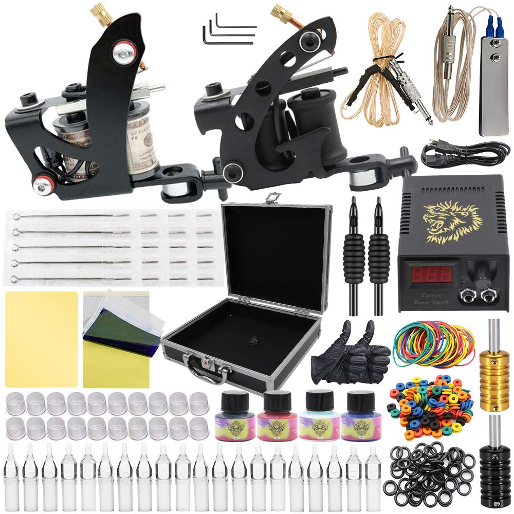 Tattoo Kit, Beoncall Complete Tattoo Kit Set 2 Tattoo Machine with Power Supply Foot Pedal 20 Tattoo Needles Grips Tips for Shading and Lining Tattoo Supplies (2 guns)