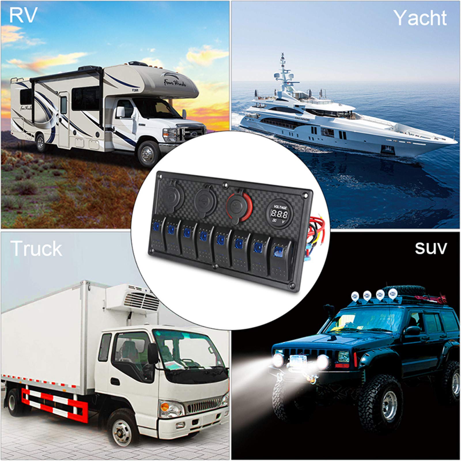 KAOLALI Pannello di Interruttori Basculanti, Interruttore a Levetta con 3/6/8 interruttori Presa Accendisigari 12 V Voltmetro 3,1 A Doppio Caricatore USB per Campera Furgone Caravana Barca Auto RV
