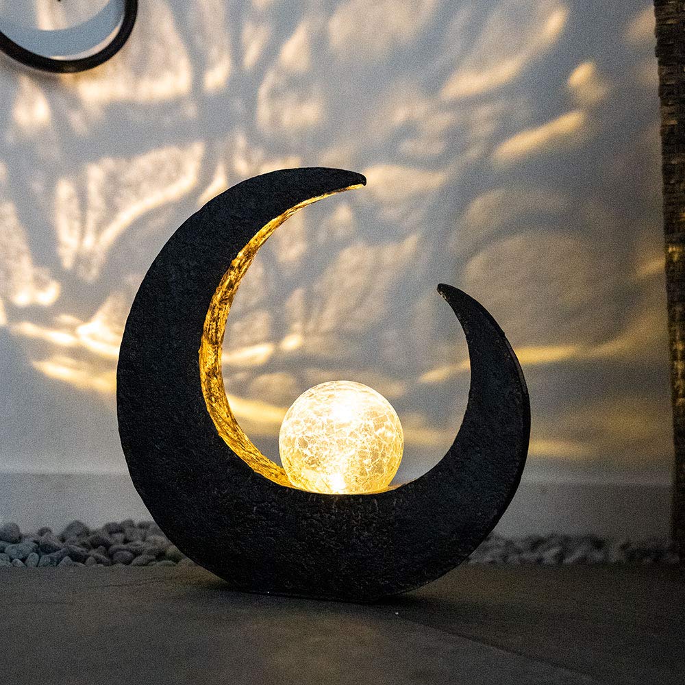 GLOBO LED Solarleuchte Flamme Außenleuchte Garten Solarlampe Mond Gartenlampe, IP44 Akku, Crackle Glaskugel schwarz, 2er Set