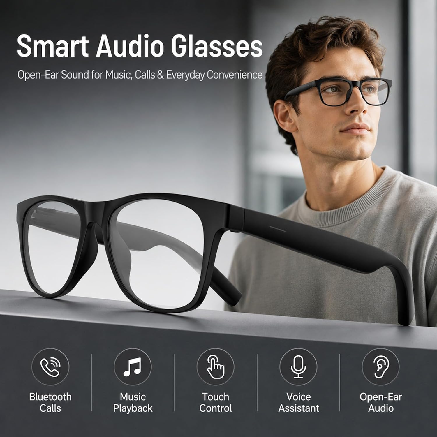 AI Glasses Black,Bluetooth Smart Sunglasses,Open-Ear Music, Hands-Free Calls, Touch Control, Voice Wake-Up and Remote Camera Control image 3