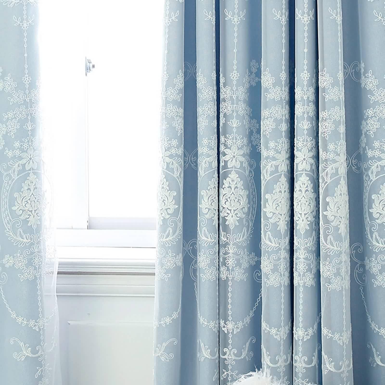 Rideau Bleu Anniversaire, Rideau Salon Tissu Uni et Voile À Broderies Florales Lin et Fil Occultant 200L x 270H CM Lot de 2