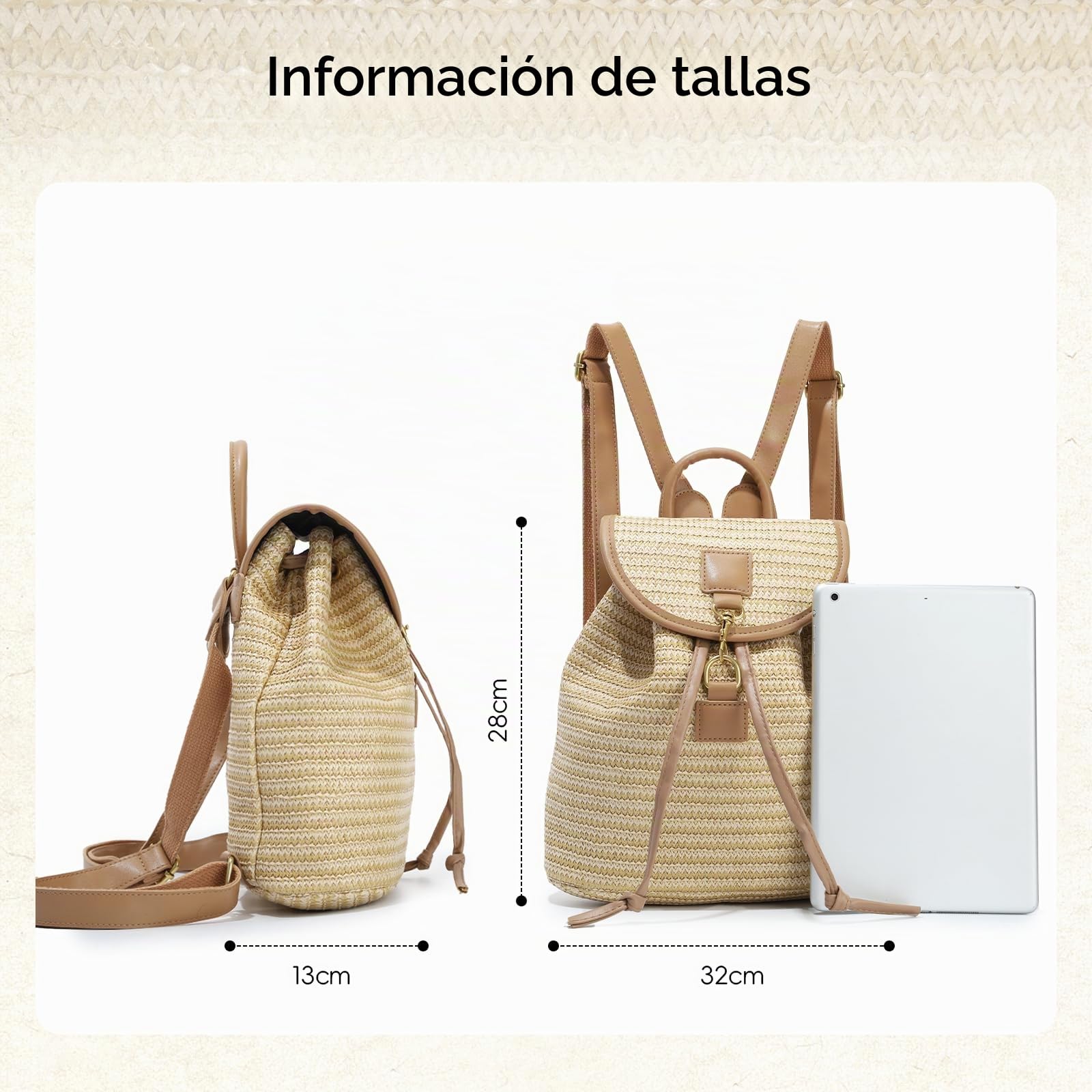 Mochila de paja tejida de mujeres Mochila de moda Mochila de verano de vacaciones en la playa