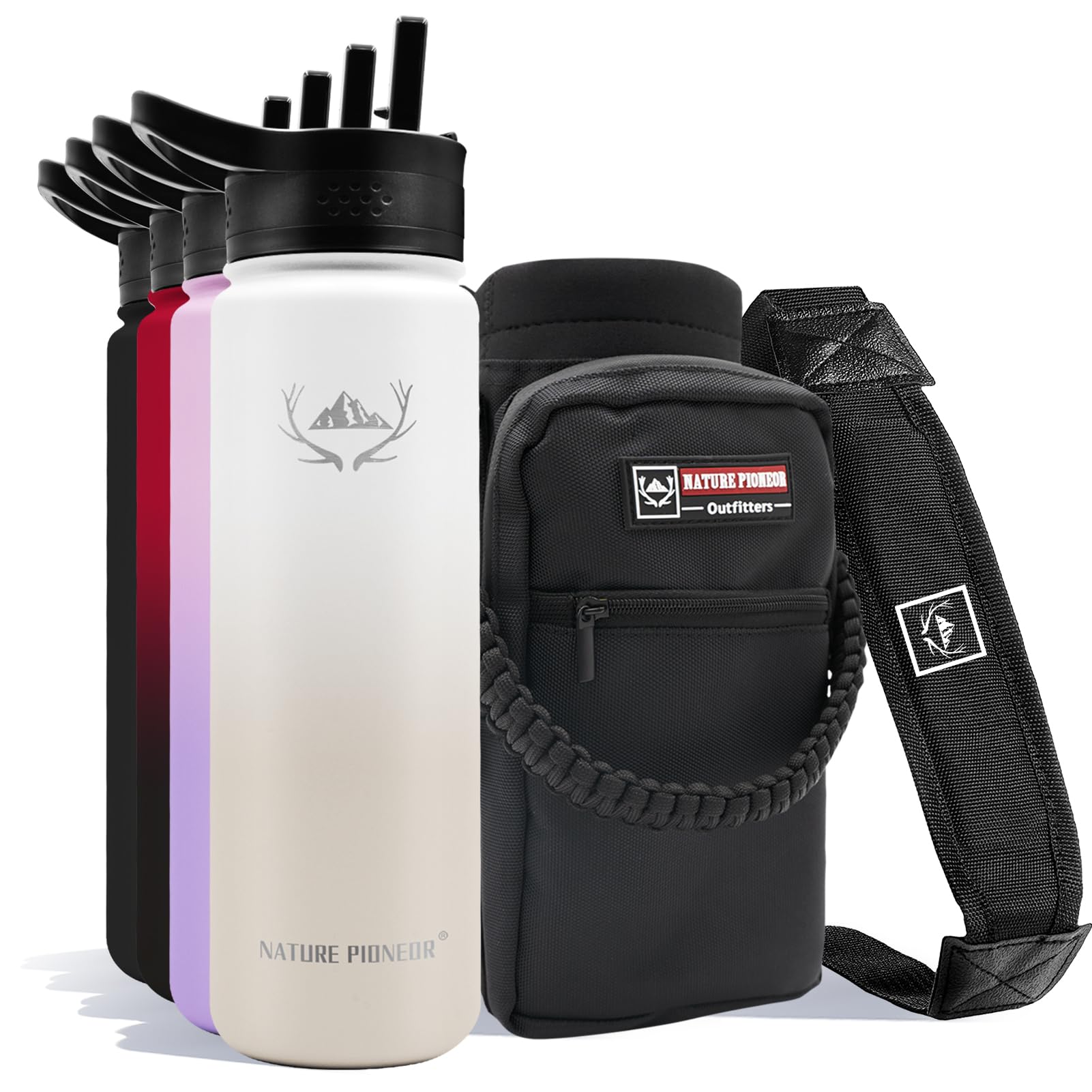 NATURE PIONEOR Insulated Water Bottles with Straw - 24oz Stainless Steel Vacuum Bottle with Holder/Carrier/Sleeve - Reusable 18/8 Food Grade Thermos Water Jug