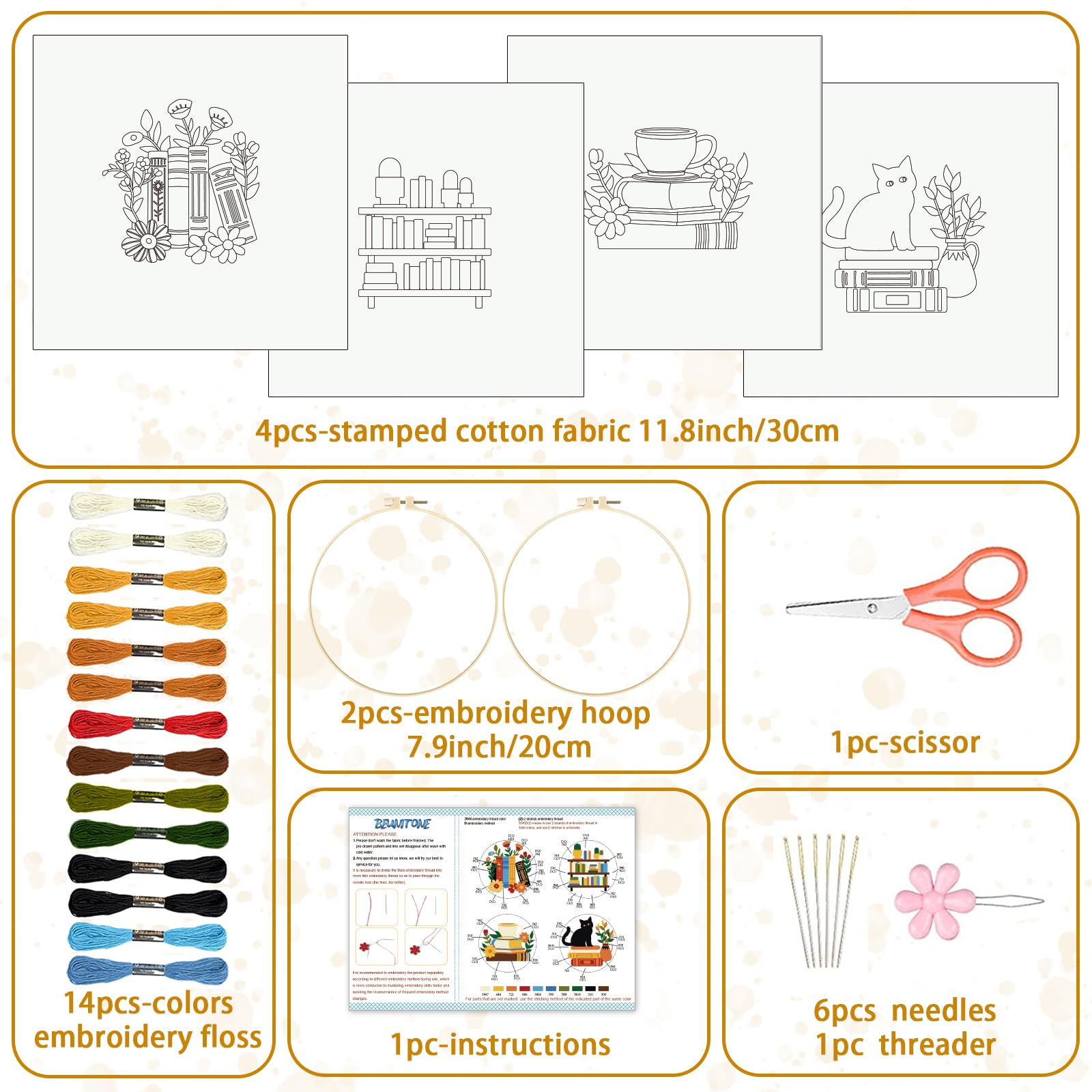 BEUNITONE Flower Embroidery Kit for Beginners 4 Pack Embroidery Starter Kit for Adult Cat Plant Books Pattern Stamped Cross Stitch Set with Instructions Embroidery Hoops Easy for DIY Craft 7.9''