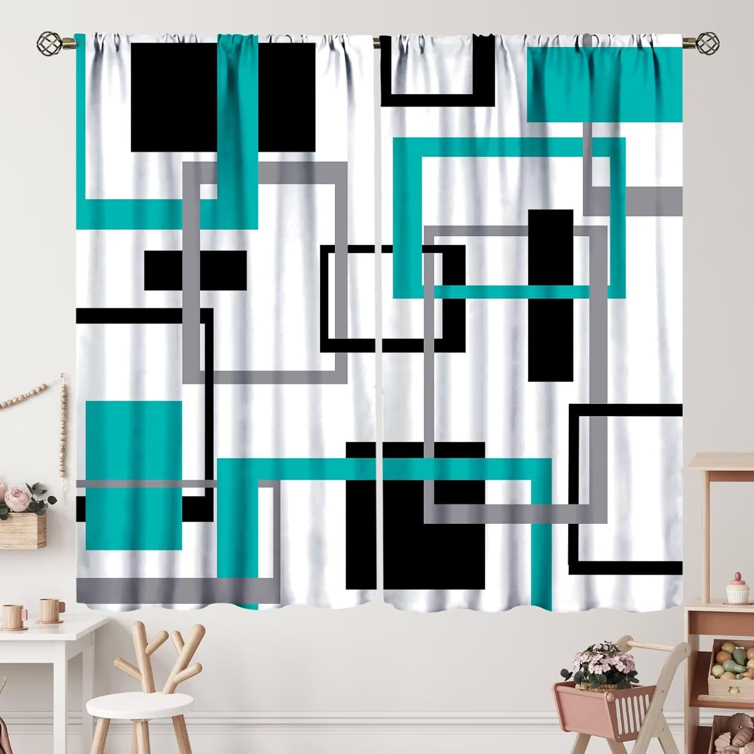 Teal Curtains Mid Century Modern Turquoise Abstract Aqua Black Grey Geometric White Backdrop Blackout Rod Pocket Curtains for Bedroom Living Room Kitchen Window Drapes 2 Panel Set 42x45 Inch