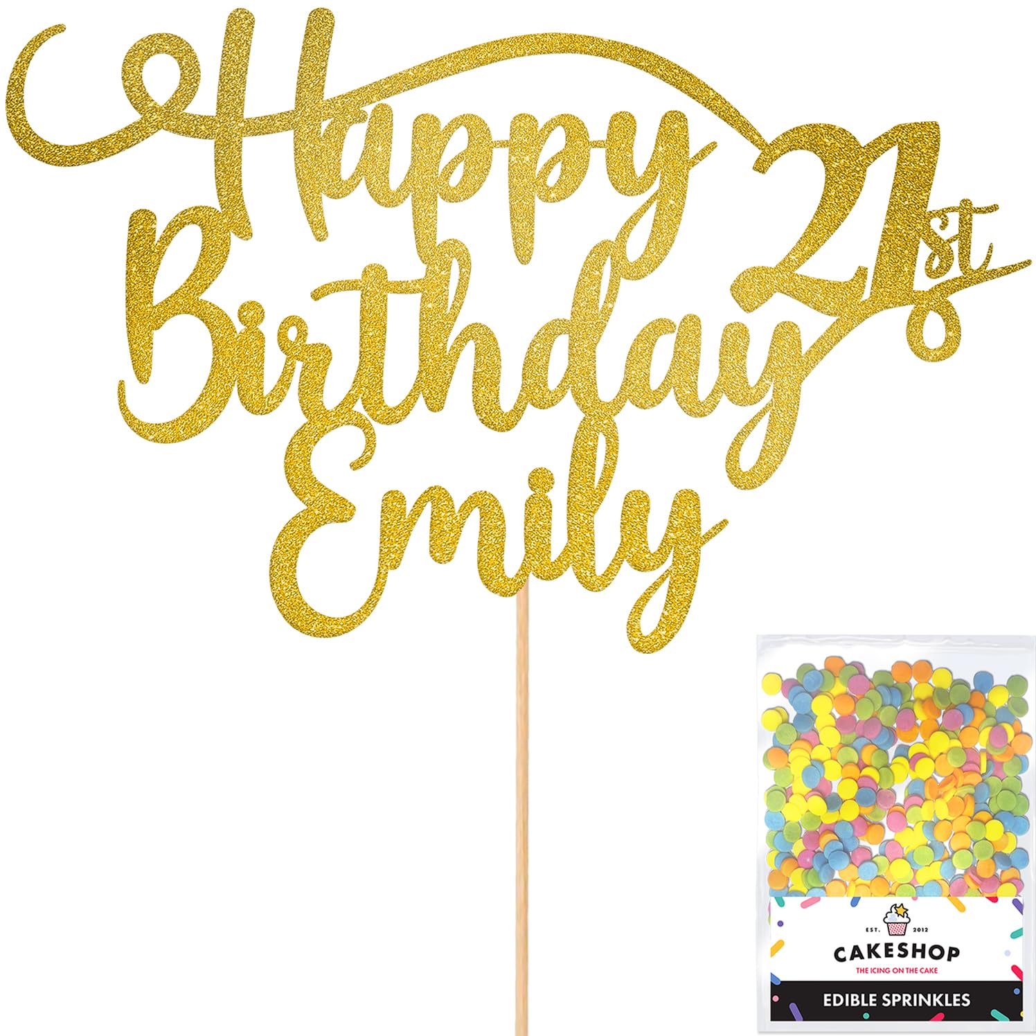 Personalised Happy Birthday Glitter Cake Topper - Gold Any Name & Any Age Glitter Cake Decoration and Sprinkles - Happy Birthday Decorations - Personalised Toppers for Cakes by Cakeshop