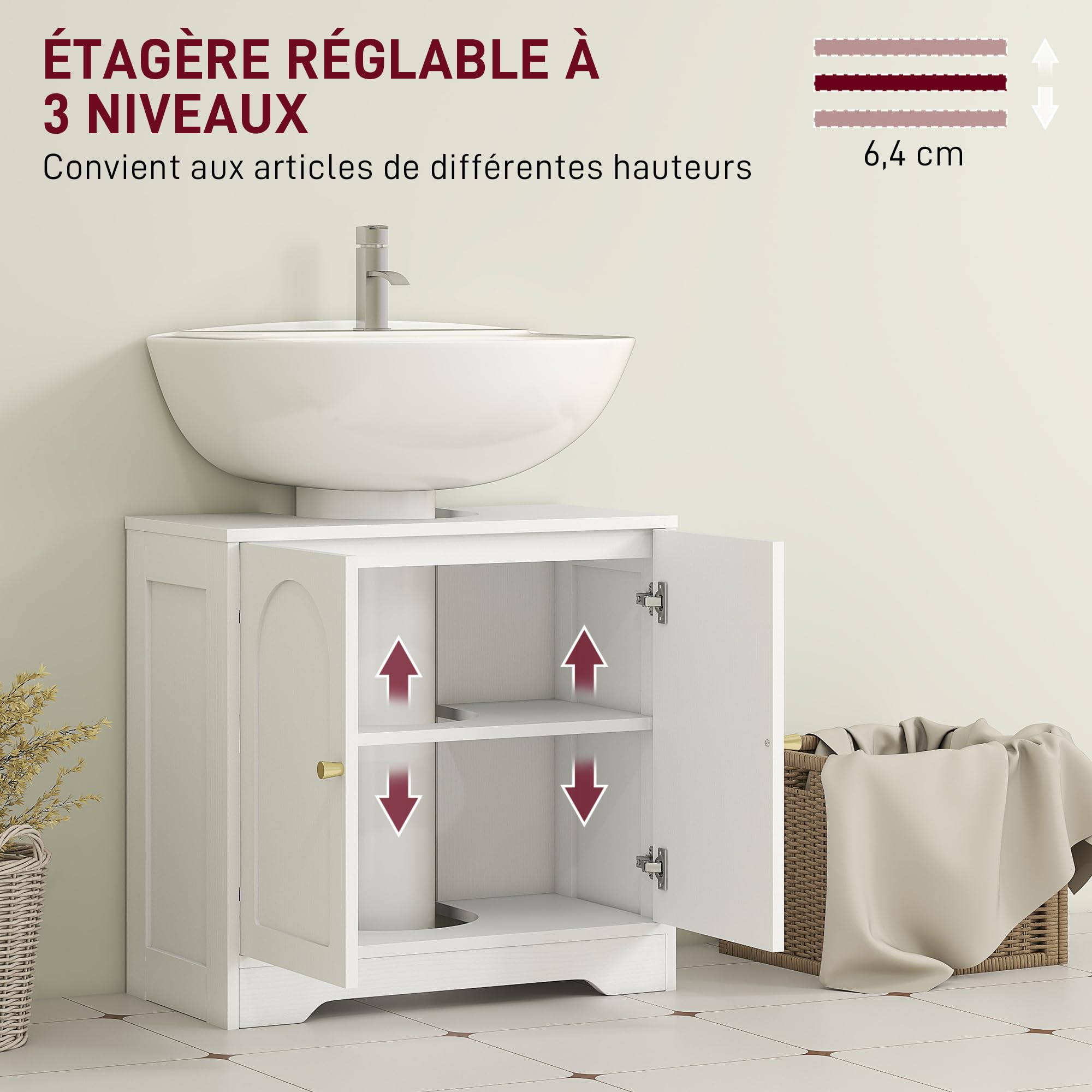 HOMCOM Meuble sous lavabo avec/sans Pédestal Socle 60 x 30 x 65 cm Blanc | Salle de Bain, Meuble sous Vasque, Armoire de Rangement pour Lavabo, Placard à Portes, Étagère Réglable, pour Bassin