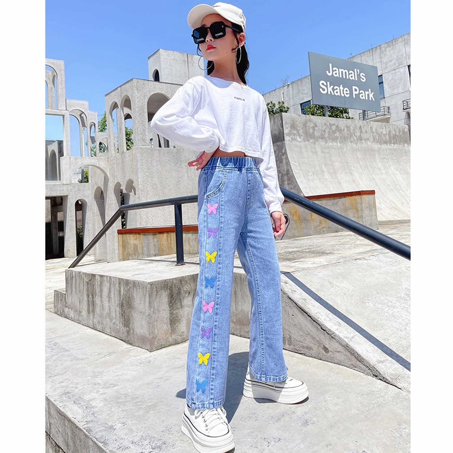 Rolanko Jeans Ragazze, Loose Denim Pantaloni Vita Elastico Moda Rotti Blu per Bambini