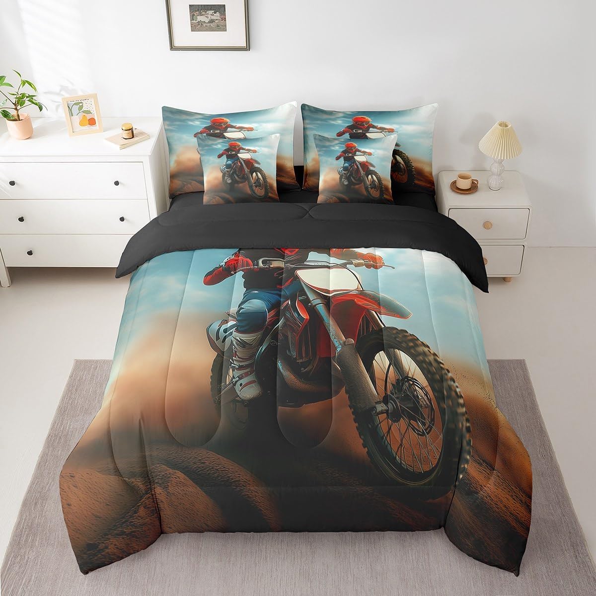 Loussiesd Motocross Rider Letto Trapuntato Extreme Sports Theme Piumino Letto Con Lenzuola 7 Pezzi 200x200cm(7-piece Set) Motocicletta Modello Lenzuola Copertura Decorazione Camera Dirt Bike Con