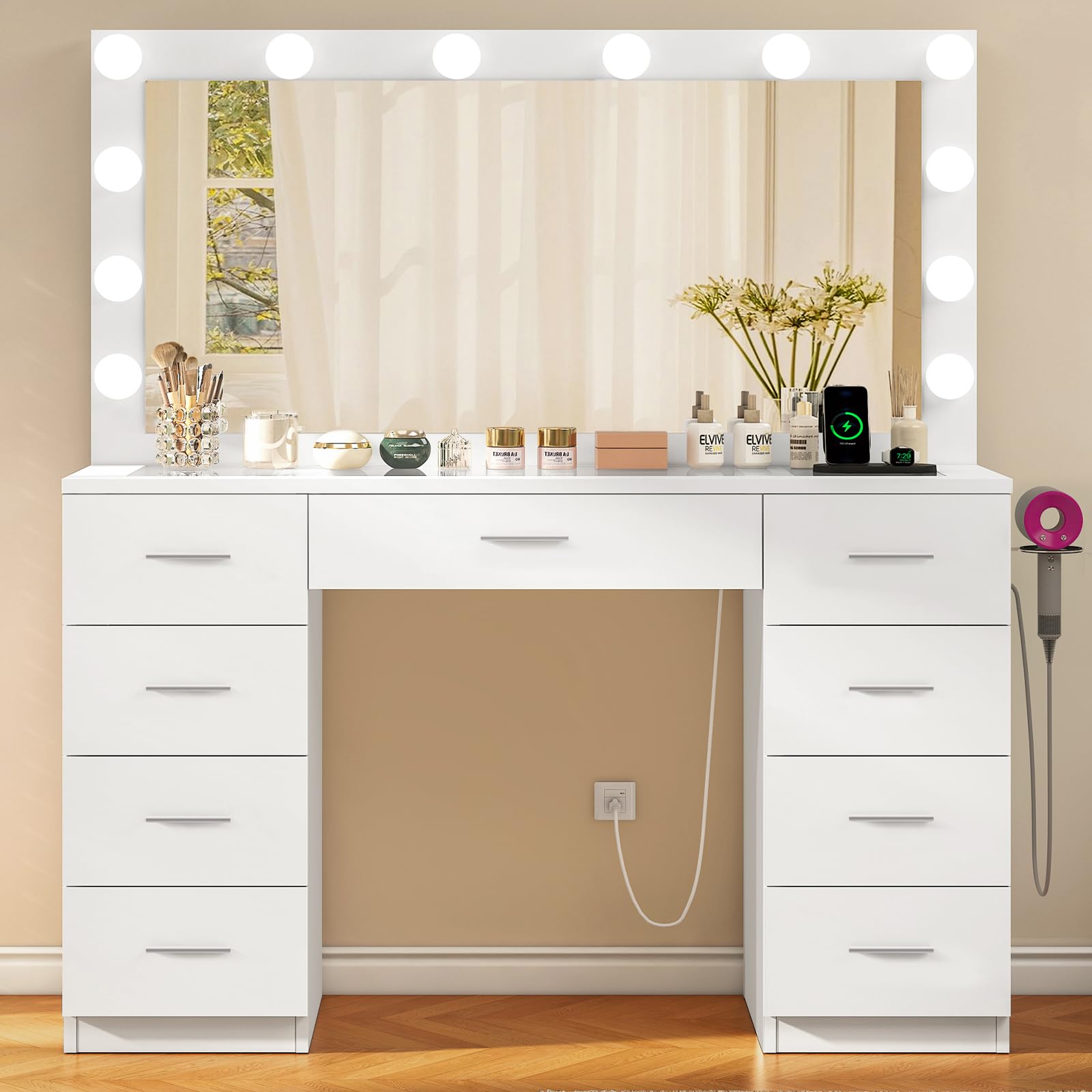 Quimoo Vanity Desk with Glass Top & Large Lights Mirror, 3 Adjustable Lighting Color, 46" Makeup Vanity Desk with 9 Drawers and 12 LED Lights, Vanity Table, Dressing Table for Bedroom(White)