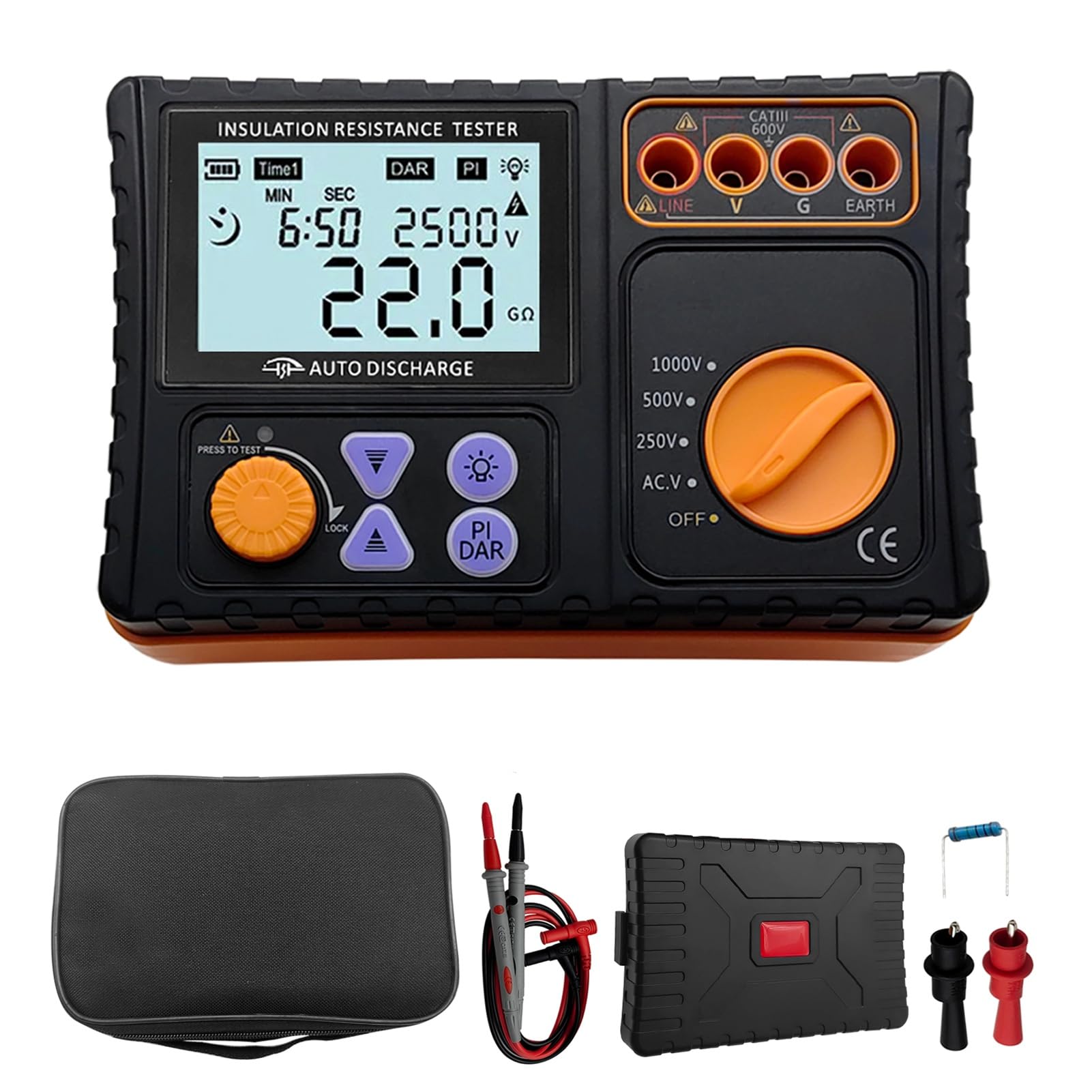 Probador de Aislamiento Digital, Pantalla LCD, Alta Precisión, Alarma de Timbre, Niveles de Voltaje Múltiple, Naranja, Plástico, Prueba de Voltaje de CA, para Pruebas de Equipos