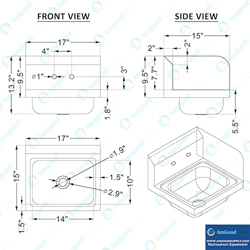 Vista 83 de AmGood Fregadero de mano de acero inoxidable para montaje en pared con grifo Lavabo comercial de lavado de manos para restaurante, cocina NSF