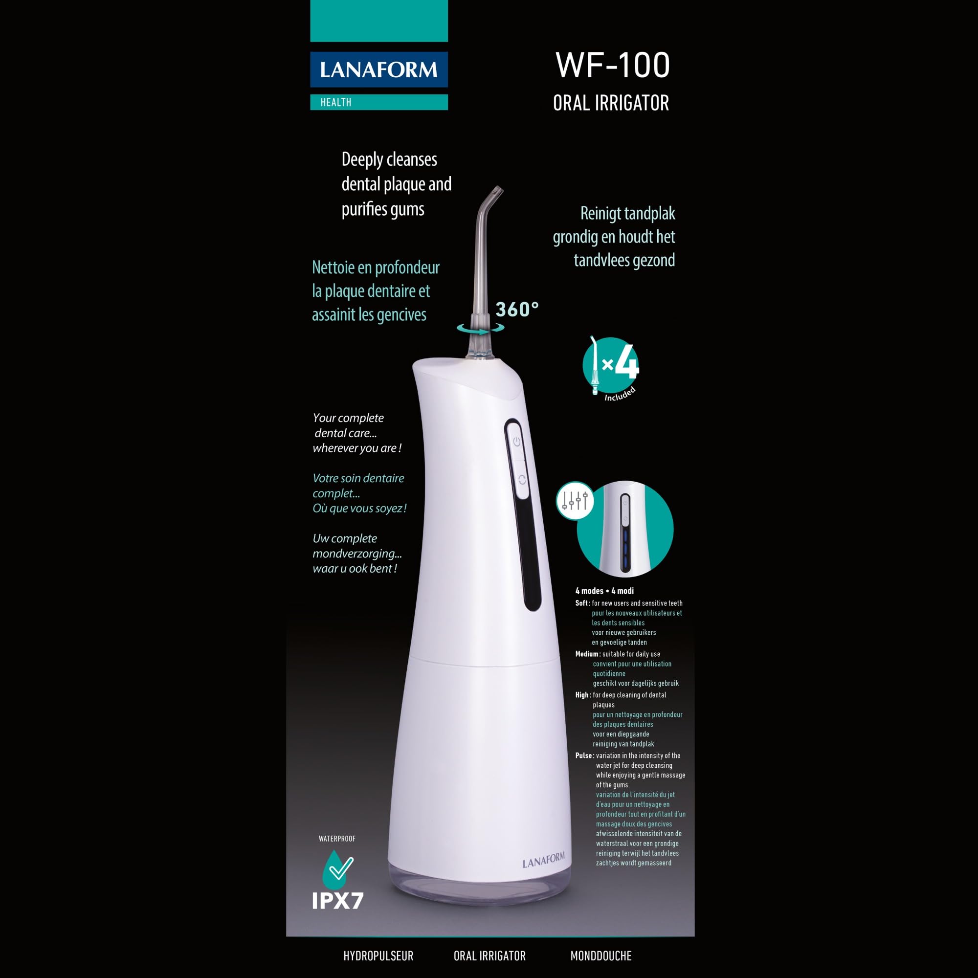 WF-100 - Idropulsore - Getto Dentale - Idropulsore - Igiene Orale Ottimale - 4 Modalità - Serbatoio Grande