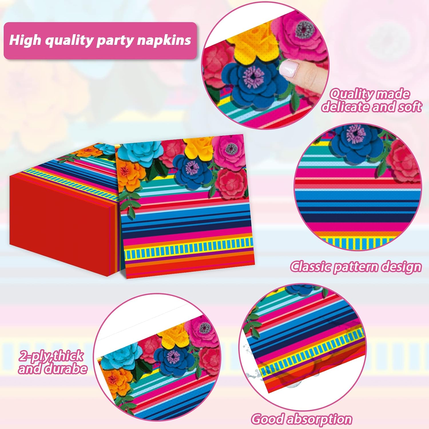 98 Pcs Mexican Fiesta Party Supplies Mexican Theme Tableware Set Fifth of May Plates Napkin Mexican Floral Stripes Tablecloth for Happy Birthday Taco Weddings Baby Shower Party Favors Decorations