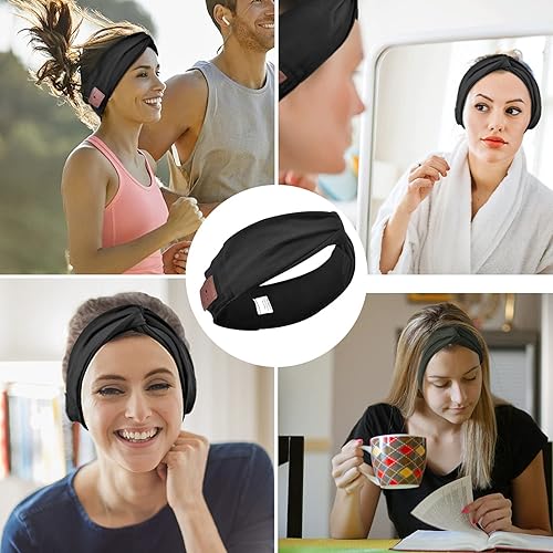 Miniatura 5 de BULYPAZY Diadema Bluetooth para mujer, auriculares inalámbricos con altavoces HD, banda negra de moda con diseño anudado y torcido para yoga,