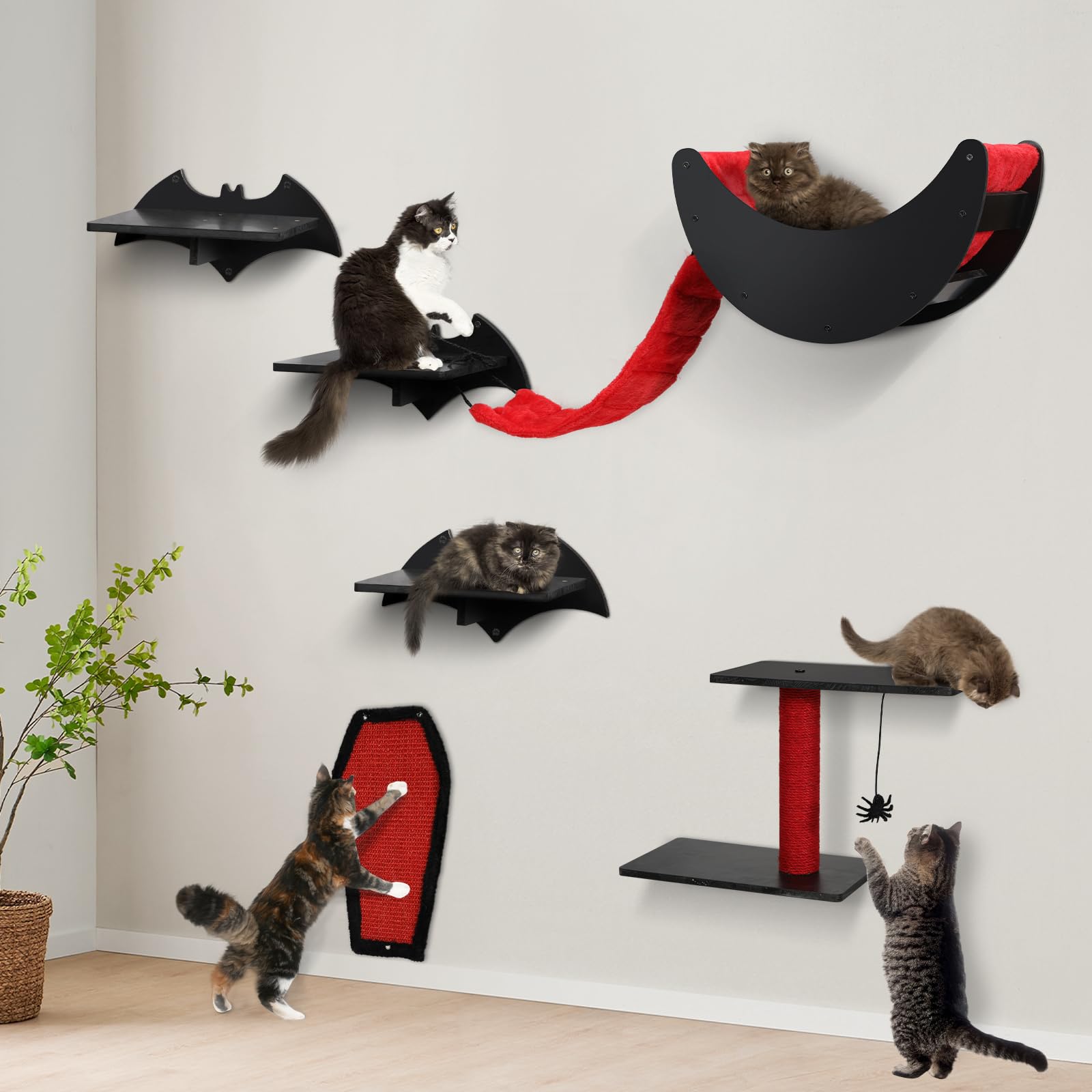 Gothic Cat Wall Shelves 7pcs Wall-Mounted Cat Climber Set Cat Tree Cat Bed with Bridge Ladder Steps Scratching Board Posts Hanging Spider Toy Cat Condo Furniture for Cats