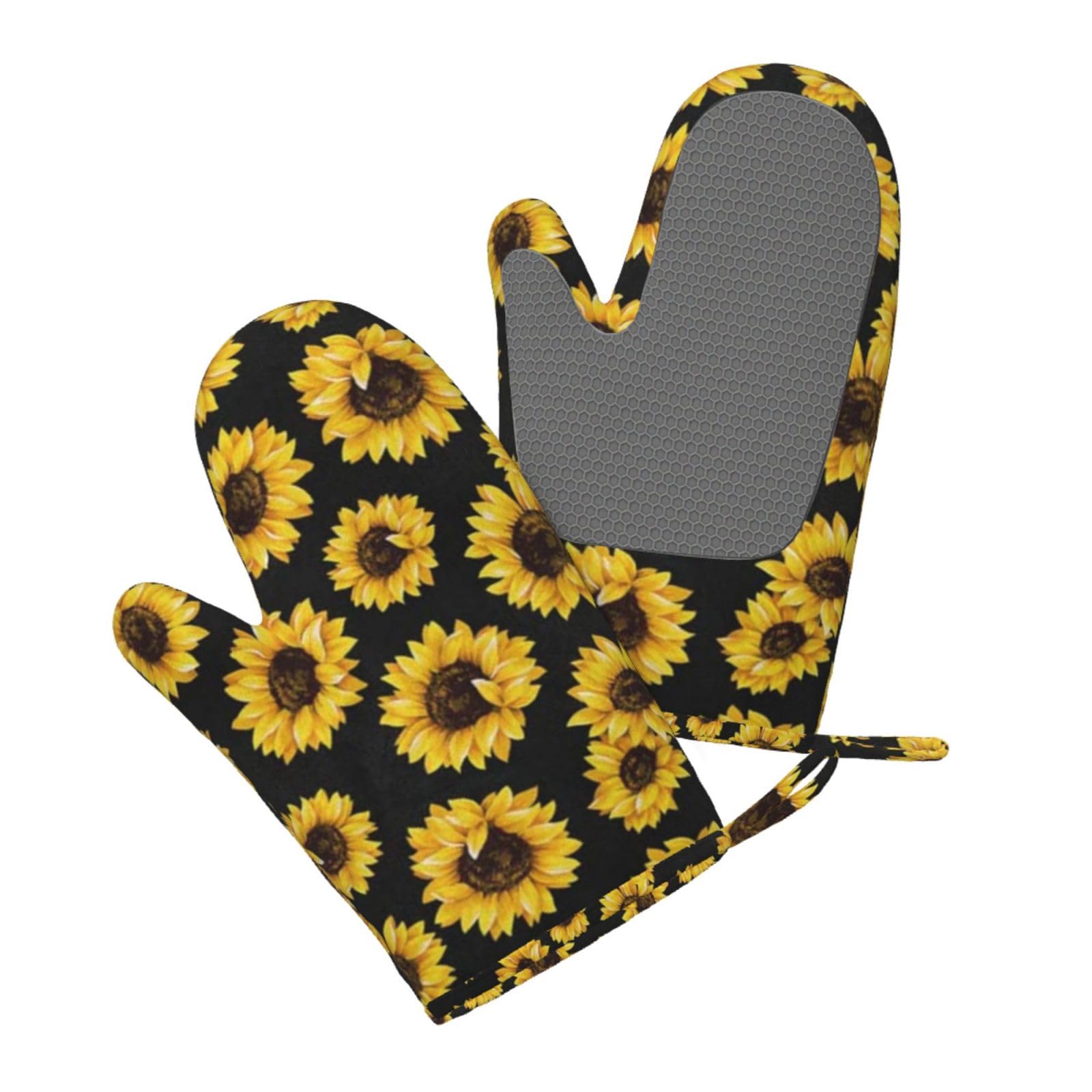 Aqrjlpo Women's Golden Sunflowers Silicone Oven Mitts Set 2Pcs, Printed Heat Resistant Non-Slip Silicone Oven Gloves For Kitchen Cooking Baking Microwave