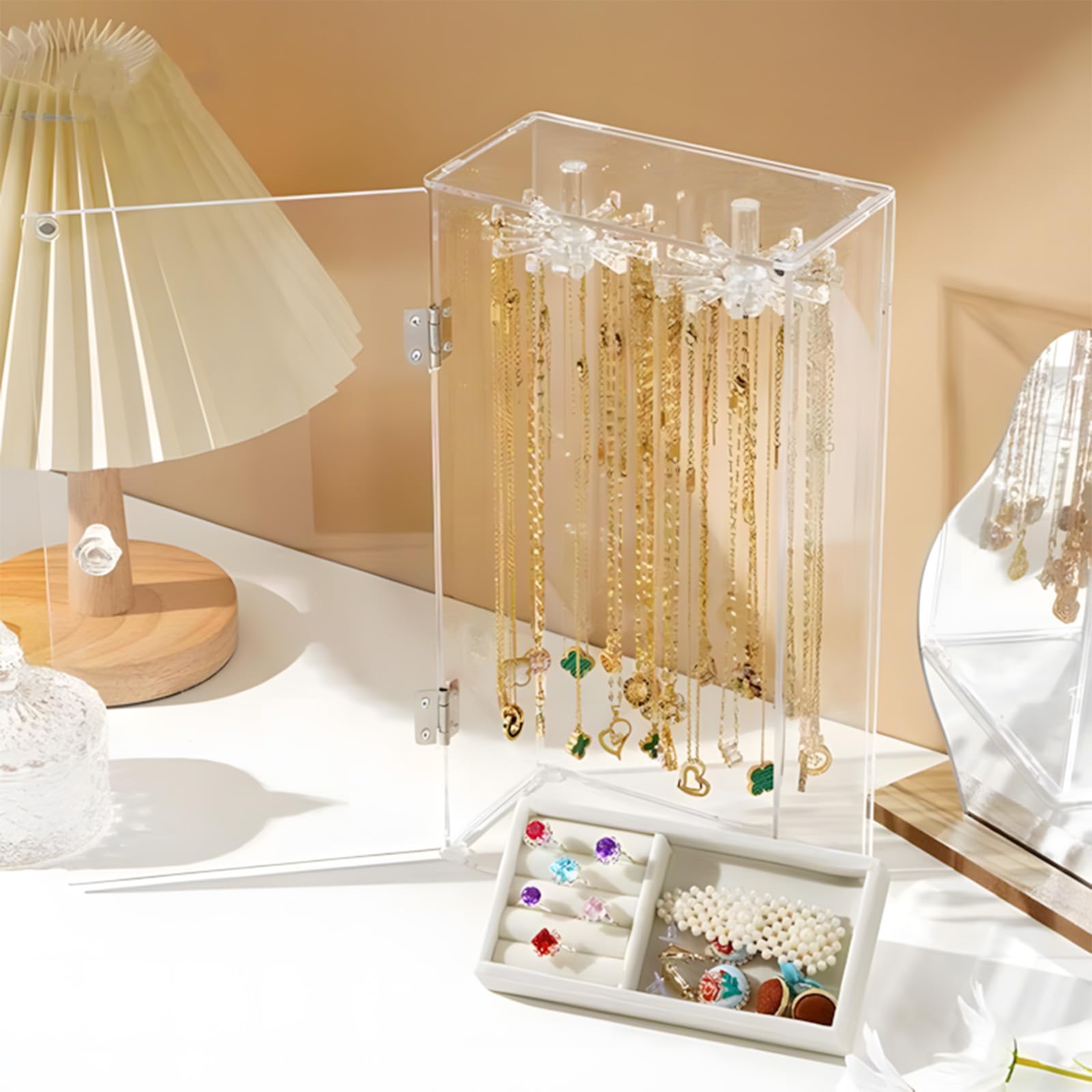 PINGANBUSU Acrylic Necklace Holder Jewelry Organizer Storage Box with Velvet Tray, Rotating Earring & Necklace Display Stand, 24 Hooks Clear Storage Rack for Bracelets, Rings, Long Necklaces