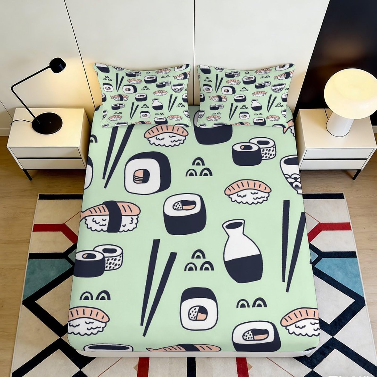 3D Printed Sushi Pattern Fitted Sheet Microfiber Soft Green Japanese Food Bed Cover for Bedroom Guest Room Decor 90x200x25cm